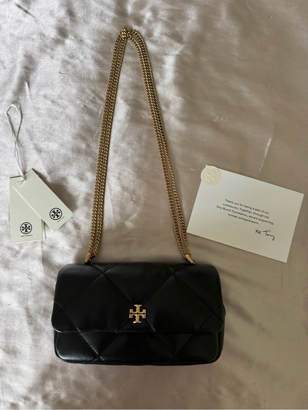 Tory Burch Mini Kira Diamond Quilt Flap Bag - Black with Gold Hardware